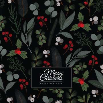 Elegant Christmas dark card with botanical berries foliage festive greeting design template illustration