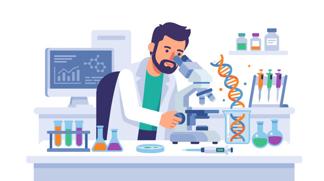 Male scientist looking through microscope in laboratory with DNA strands, test tubes, flasks, syringes, and research data on monitor