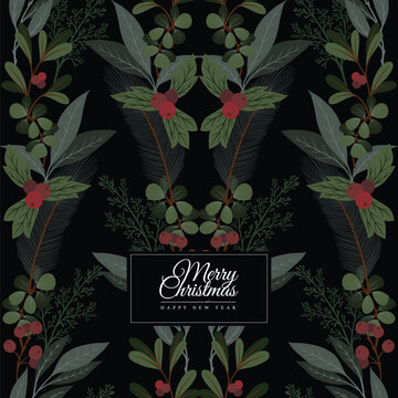 Elegant Christmas dark card with botanical berries foliage festive greeting design template illustration