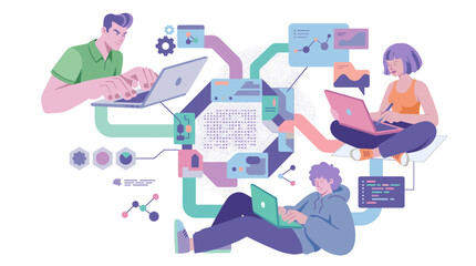 Fototapeta premium Three diverse programmers working on laptops connected by flowing data pipelines with code, charts, and interface elements around them