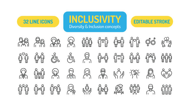 A collection of 32 line art icons depicting diverse people and inclusivity concepts in a simple, editable style