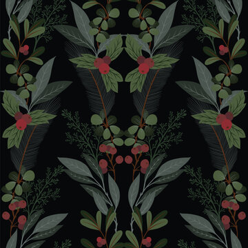Christmas dark botanical pattern with berries leaves evergreen branches elegant winter background