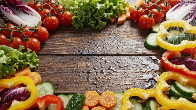 Fresh vegetable border frame on dark rustic wood background