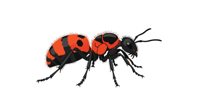 Vibrant Red Cow Killer Wasp or Velvet Ant Illustration with Realistic Details Isolated on Plain White Background