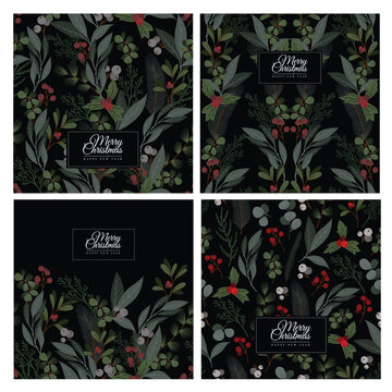 Elegant Christmas dark card with botanical berries foliage festive greeting design template illustration