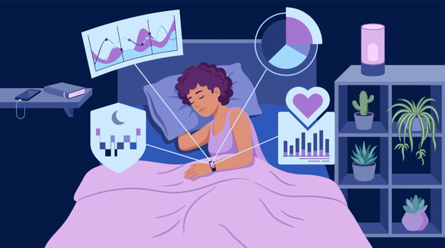 A woman sleeps peacefully in bed while a smartwatch tracks her health data including heart rate and sleep cycles.