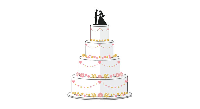 Elegant Four Tier Wedding Cake with Romantic Bride and Groom Silhouette Topper and Delicate Pink Floral Decorations