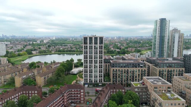 Drone shot water reservoir in Harringay, North London. Wetlands conservation area in urban city