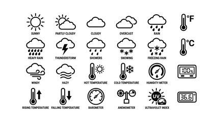Fototapeta premium A collection of black and white weather icons on a white background