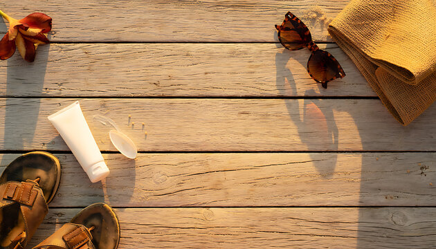 Overhead View of Summer Beach Accessories on Wooden Boardwalk