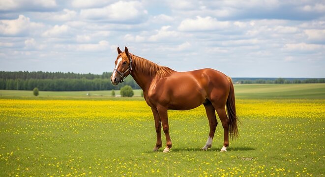 Brown horse standing in a green summer pasture.