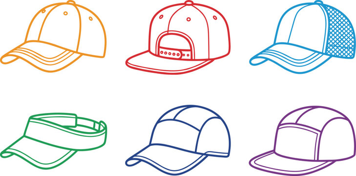 Colorful Baseball Cap and Hat Vector Outline Icon Collection Featuring Snapback Trucker Mesh Visor and Camper Panel Styles for Sportswear Apparel Designs