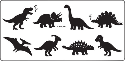 Cute dinosaur silhouette icon set, cartoon prehistoric animal shapes including tyrannosaurus triceratops brachiosaurus and pterodactyl vector bundle, © ADOBE STOCK