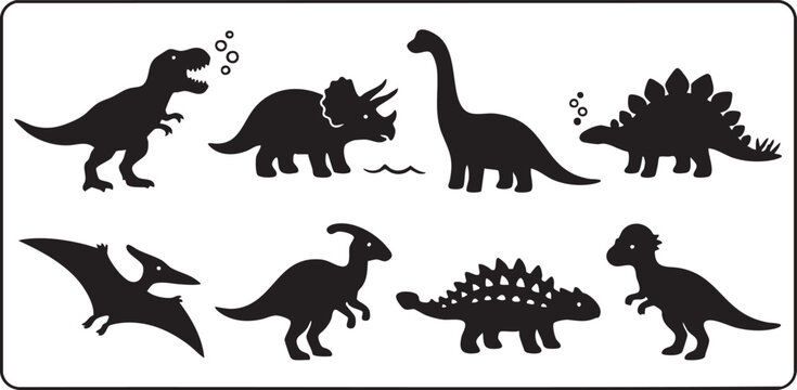 Cute dinosaur silhouette icon set, cartoon prehistoric animal shapes including tyrannosaurus triceratops brachiosaurus and pterodactyl vector bundle,