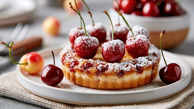 National Rainier Cherry Day; Elegant dessert composition featuring a Rainier cherry clafoutis tart on a white ceramic plate