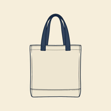 A cream canvas tote bag with dark blue handles