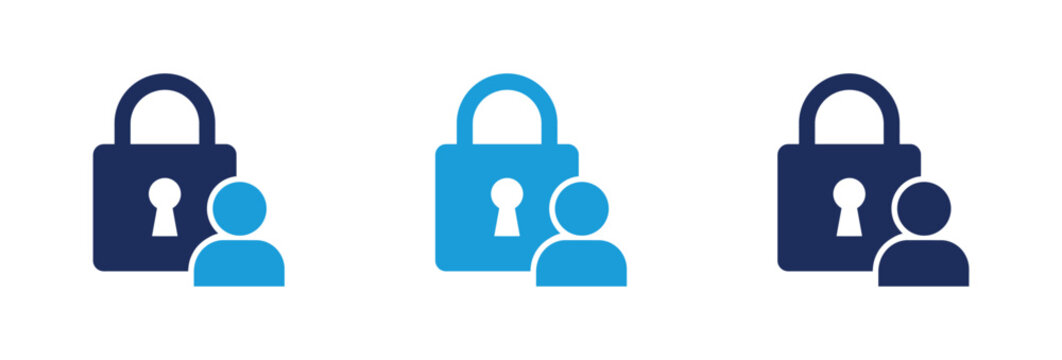 Set of blue user account security icons with padlocks and human silhouettes representing data protection.