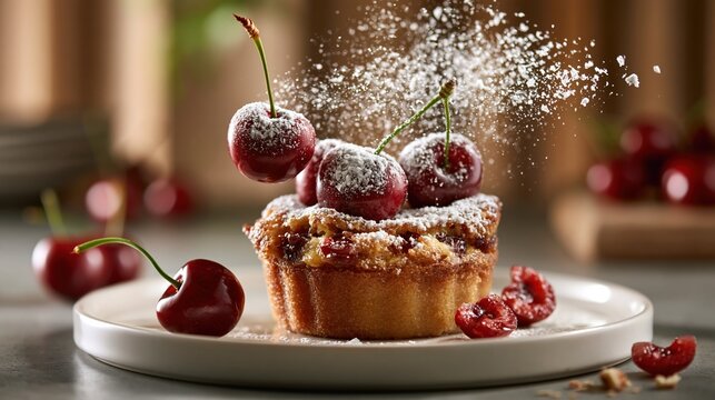 National Rainier Cherry Day; Elegant dessert composition featuring a Rainier cherry clafoutis tart on a white ceramic plate