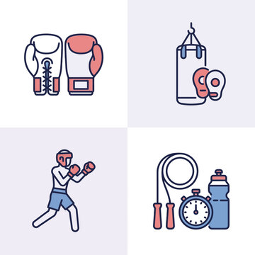 Vector icons set of boxing equipment and training gear