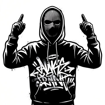 Graphic illustration of a person in a balaclava and hoodie isolated on white background