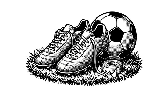 Soccer cleats and soccer ball together.