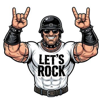 Muscular biker character with lets rock tshirt isolated on white background