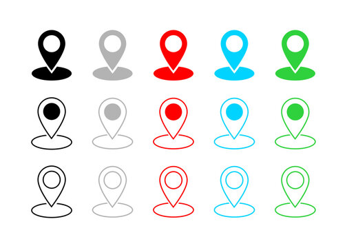 This collection features a variety of location pin icons in multiple colors and styles for usability in maps or navigation. Colorful location pin icons in various shades and designs for diverse uses