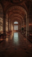 Obraz premium Ornate historic library hallway with vaulted ceilings and warm sunlight.