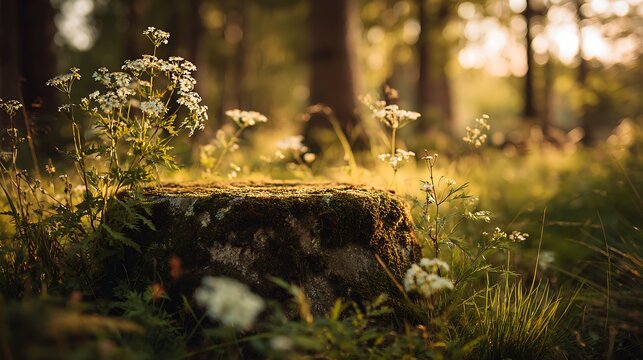Sunlit Mossy Stump in Forest / 日光に照らされる森の中の苔むした切り株