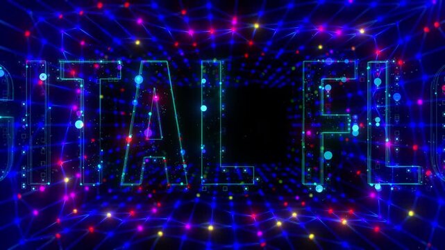 Cinematic forward-moving camera animation featuring DIGITAL FLOW text reveal inside a glowing digital tunnel with colorful nodes, network connections, and immersive parallax effects.