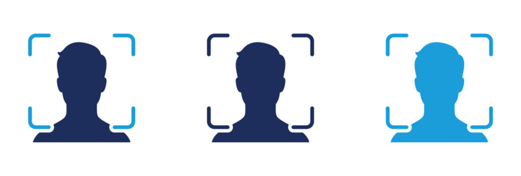 Facial recognition technology icons showing human head silhouettes with biometric scanning frames in blue colors.