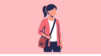 A faceless woman with a shoulder bag stands on pink background © hilwan