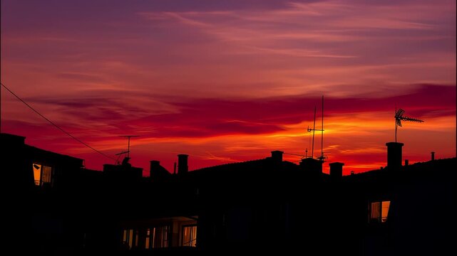 Time lapse of extreme summer heat over urban rooftops during scorching city heatwave
