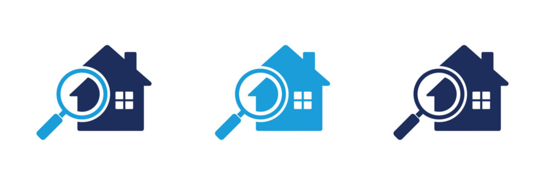 Real estate search icons with house silhouette and magnifying glass for property inspection.