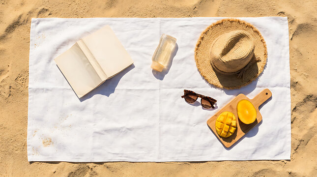 verhead View of Beach Essentials on White Towel on Sandy Beach