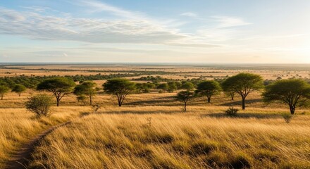 Fototapeta premium Vast African Savanna Landscape Under a Cloudy Sky at Sunset, Scenic View.