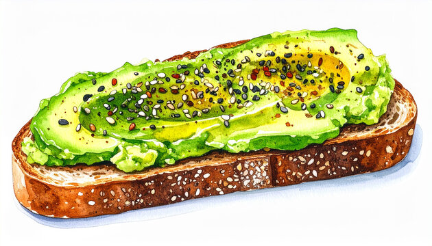 Watercolor painting of avocado toast with mixed seeds, creamy avocado spread on artisan toasted bread, delicate brush strokes, hand drawn food illustration, isolated on white, culinary artwork.