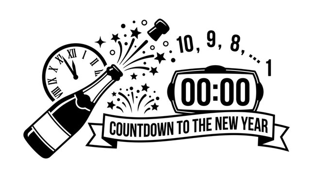 New Year Countdown Celebration: Champagne Bottle Pop, Clock, Numbers, Fireworks