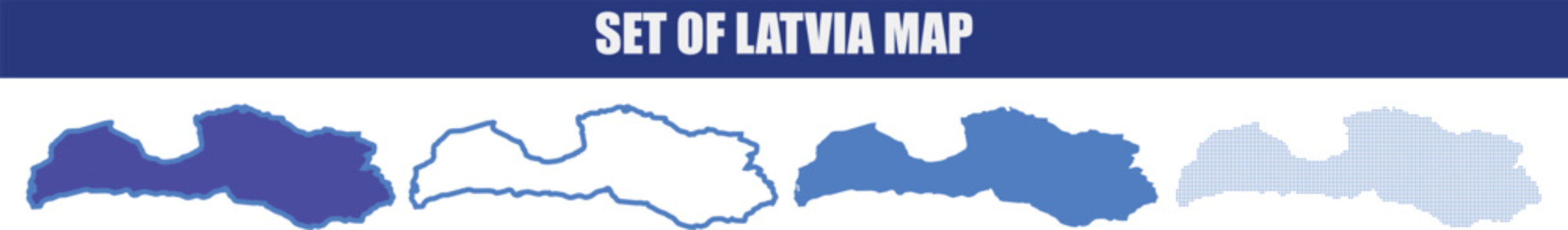 Set of latvia country map silhouettes in different design styles