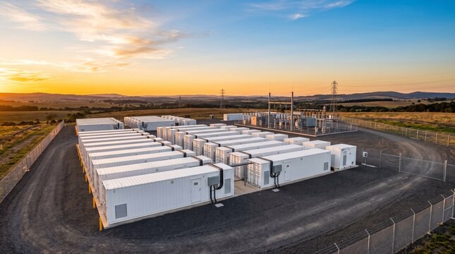 Battery energy storage system bess units arranged in rows at a power plant facility during a golden hour sunset