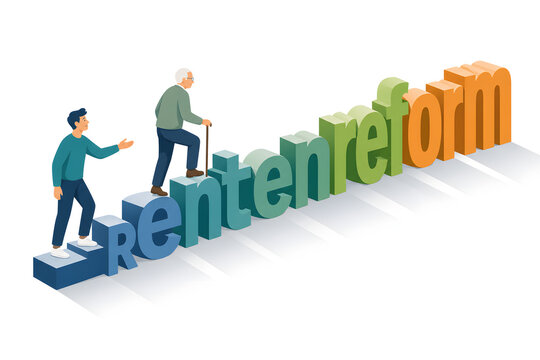 Rentenreform Treppe mit kletternden Menschen vermittelt eine unterst&uuml;tzende harmonische zukunftsorientierte gemeinschaftliche f&uuml;rsorgliche Stimmung generative AI