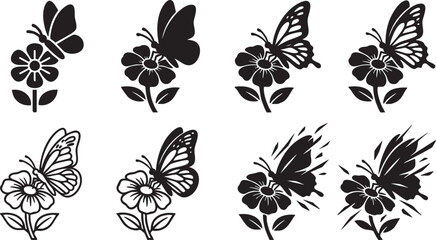 Obraz premium Collection of black butterfly and flower silhouettes