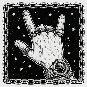 Rock and roll hand gesture with skull rings and watch illustration