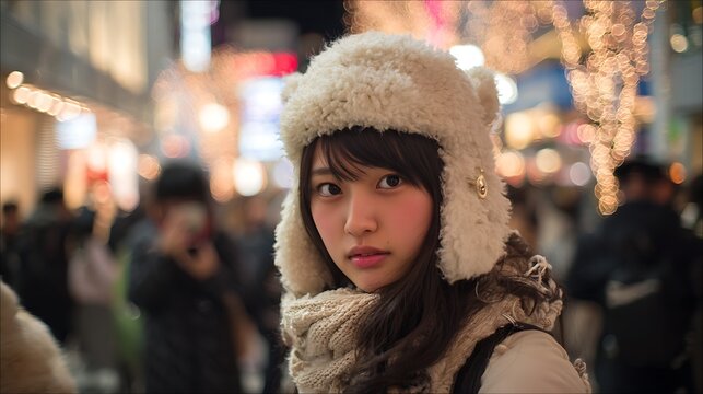 Young Woman in Knit Hat at Night / ニット帽をかぶった夜の若い女性