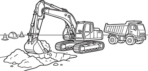 Excavator digging ground with dump truck coloring page, heavy construction site vehicles line art outline vector illustration for kids, © ADOBE STOCK