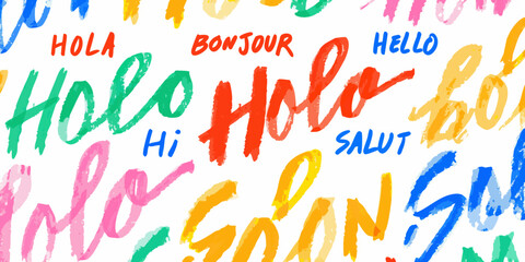 Colorful handwritten greetings vector illustration with various language hellos © Huraya