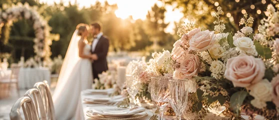 Celebrating love and a romantic wedding reception with a bride and groom during golden hour sunset © Anneleven