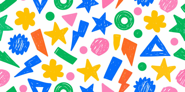 Colorful hand drawn shapes seamless vector pattern on white background
