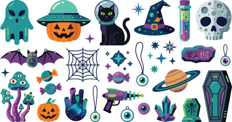 Fototapeta premium Set of colorful cartoon halloween and space stickers featuring ghosts pumpkins black cats skulls alien elements and mystical objects on white background