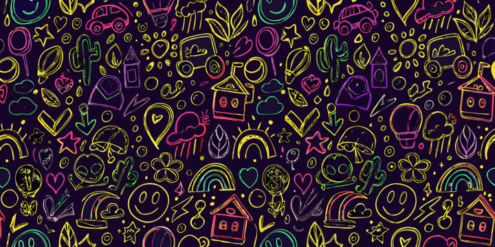 Colorful doodle pattern with hearts stars and various objects